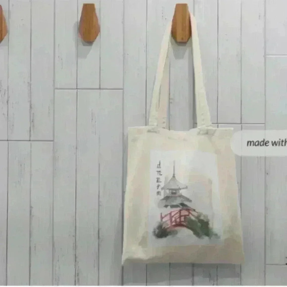 Mahjong inspired print of a bridge and tower recycled canvas tote bag - Picture 3 of 6